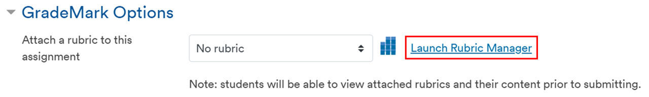 GradeMark options showing launch rubric manager button.