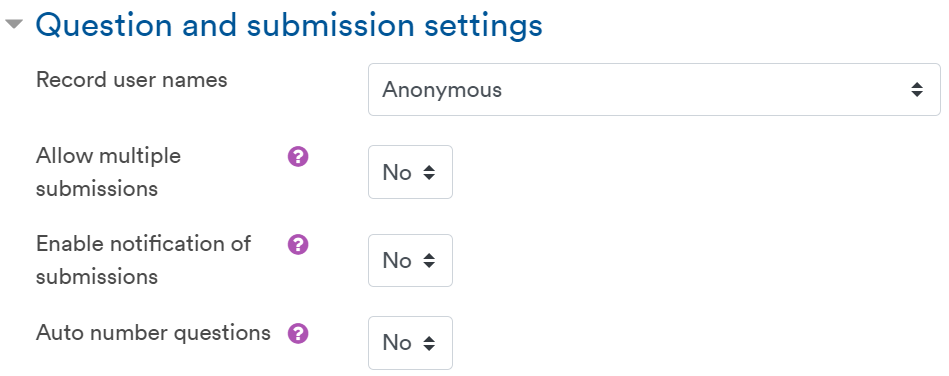 Question and submission settings box