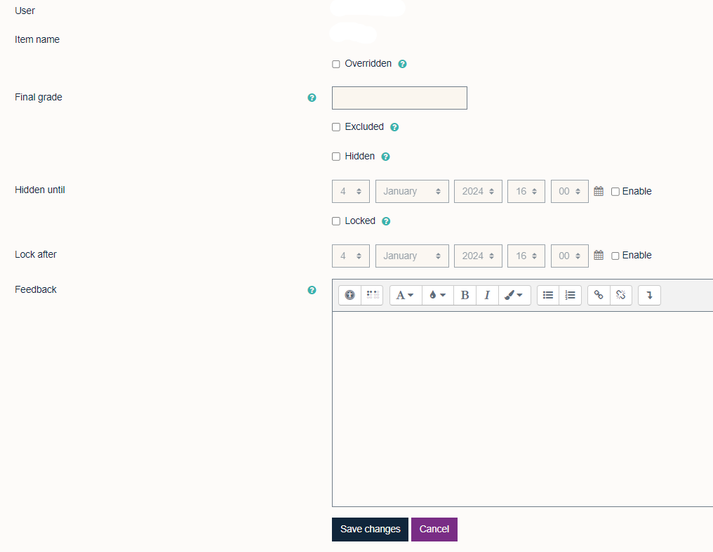 Cogwheel edit options for grades, including 'User', 'Item name', ''Final grade', 'Excluded' tick box, 'Hidden' tick box, 'Hidden until' date with 'Enable' tick box. 'Locked' tick box', 'Lock after' date with 'Enable' tick box, 'Feedback' text field. 'Save changes' button below.