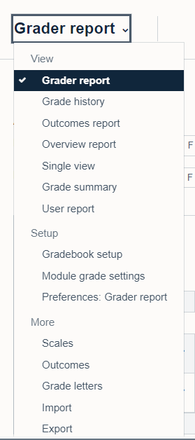 'Grader report' drop down menu with 'Grader report' selected.  Options below include 'Grade history', 'Outcomes report', 'Overview report', 'Single view', 'Grade summary', 'User report'.