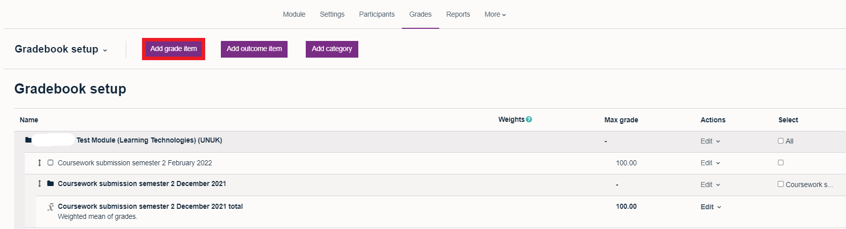 'Gradebook setup' page with 'Add grade item' highlighted by a red square, followed by 'Add outcome item' button and 'Add category' button.