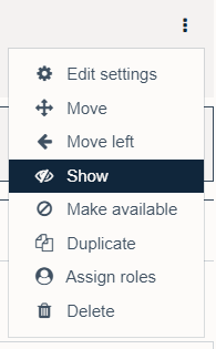 Edit menu for a moodle activity with show highlighted