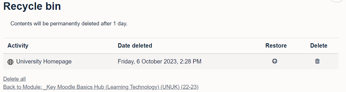 Screenshot of recycle bin in Moodle