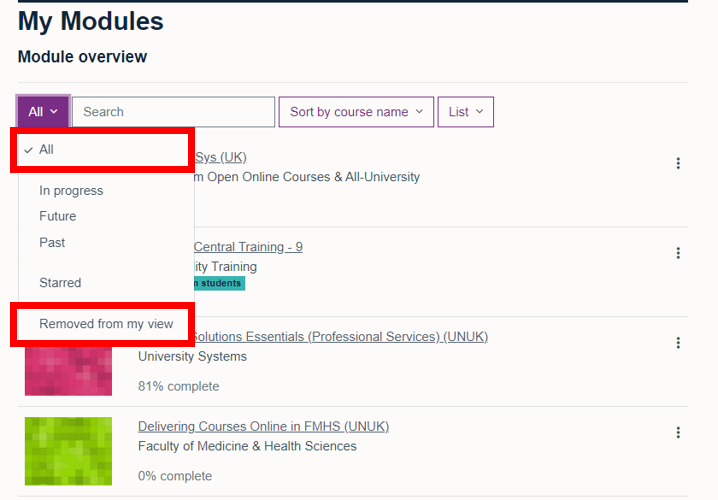 The 'all' drop down menu for customisation of how modules are displayed. 