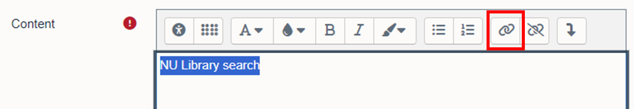 The hyperlink button in the content section