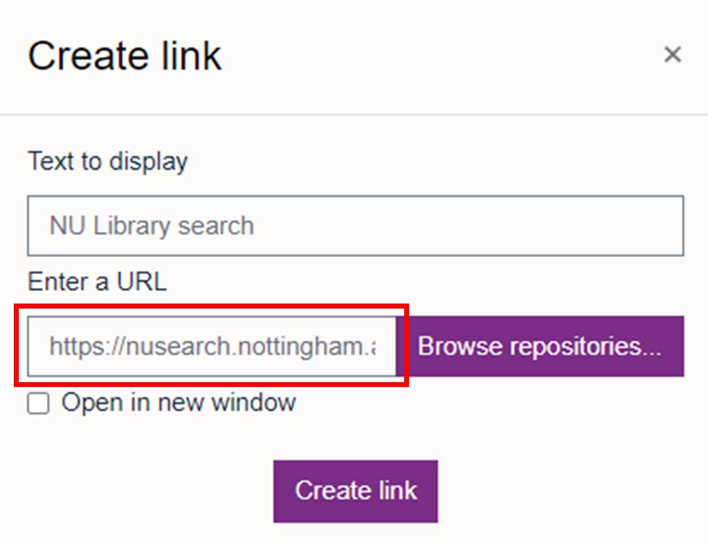 Creating a link by pasting the URL into the 'Enter a URL' box. 