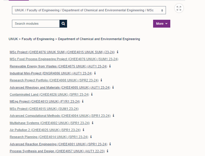 Modules in the Chemical and environmental engineering Msc sub category.