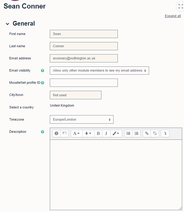 settings page showing fields that can be changed such as the option to change email visibility and add a description. 