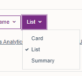 drop down menu with option to display modules as a list, card or summary. 