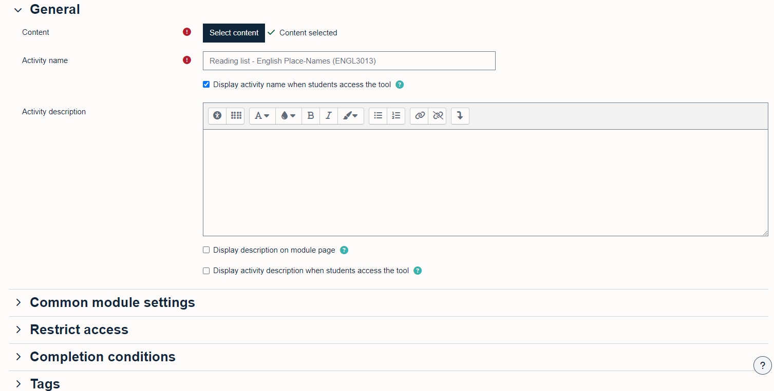 Moodle page showing reading list added