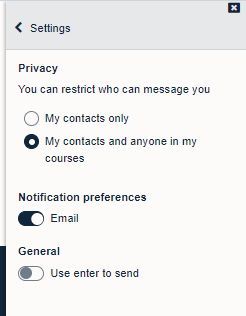 message preferences allowing restrictions to my contacts, my contacts and anyone on the course. Also the option to toggle on and off email notifications. 