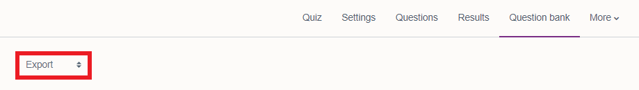'Export' selected in 'Question bank' drop down menu. 'Export' highlighted by red square.