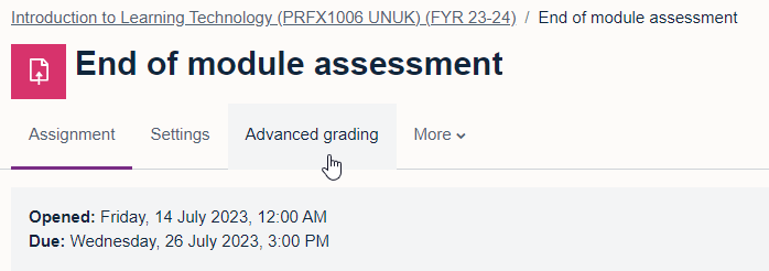 Screenshot of Advanced Grading menu under the module title