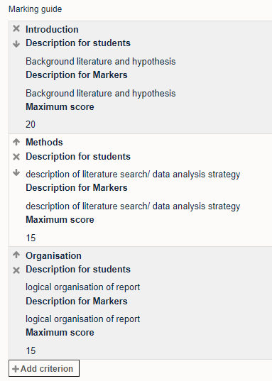 Example of a completed marking guide with criterion and maximum score