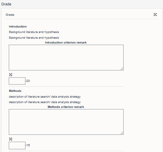 Marking page view of Marking guide showing criteria and space to enter feedback and mark