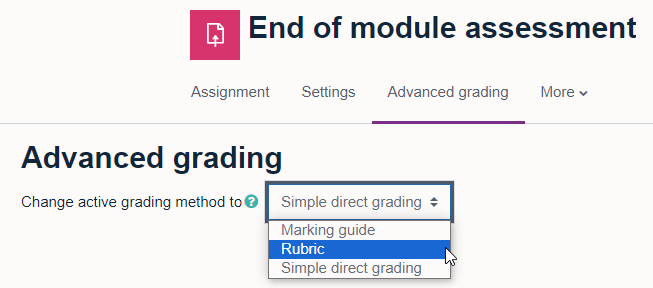 Screenshot of grading method option with Rubric selected from the drop-down list