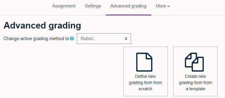 Screenshot showing Define new rubric or create from template options on the Advanced Grading rubric menu