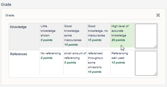 the marking screen view of the rubric showing how markers can select the relevant level (indicated in green when clicked)