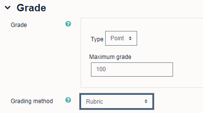 The Moodle assignment setup screen showing Rubric selected as the grading method