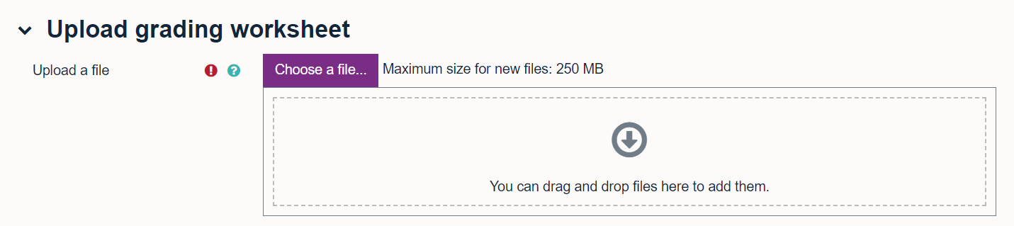 Uploading a grading worksheet or drag and drop a file into the box.