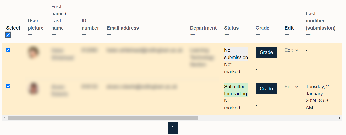 Selecting all students to release marks in Moodle Assignment