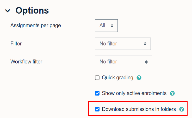 Select 'Download submissions in folders' checkbox