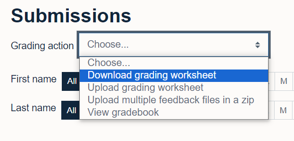 Download grading worksheet from the 'Grading Action' menu