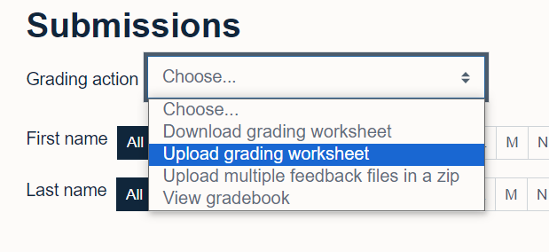 Choosing to upload a grading worksheet from the Grading Action menu