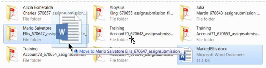 Drag and dropping a feedback file into student submission folder