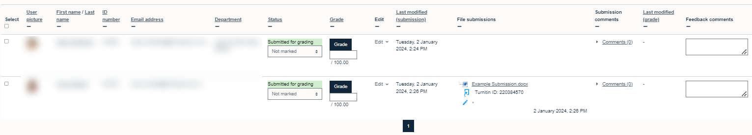 Submissions list showing Turnitin included in a Moodle Assignment