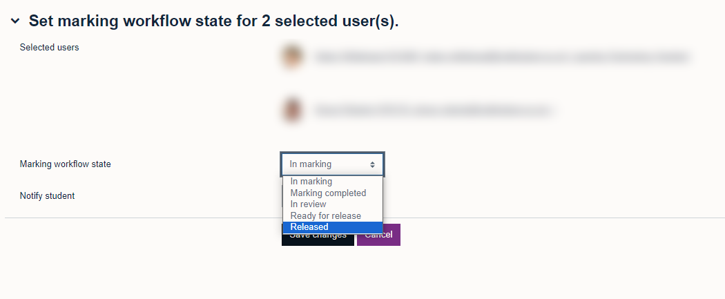 Setting the 'Released' state for all selected students in the grading workflow