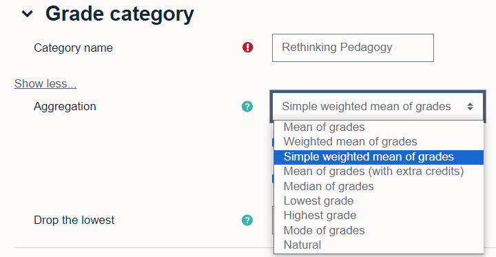 Aggregation drop down list with the option to select weighted mean of grades.