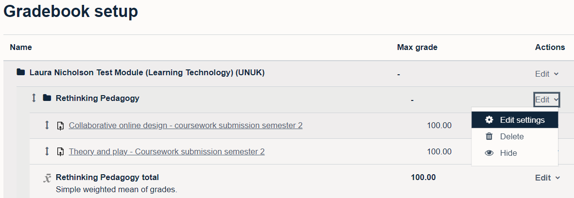 The edit settings option in the action column