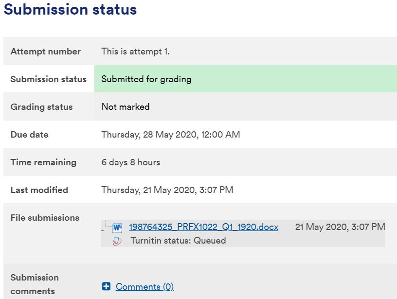 submission status screen showing attempt number, submission status, grading status, due date, time remaining and the files that have been submitted. 