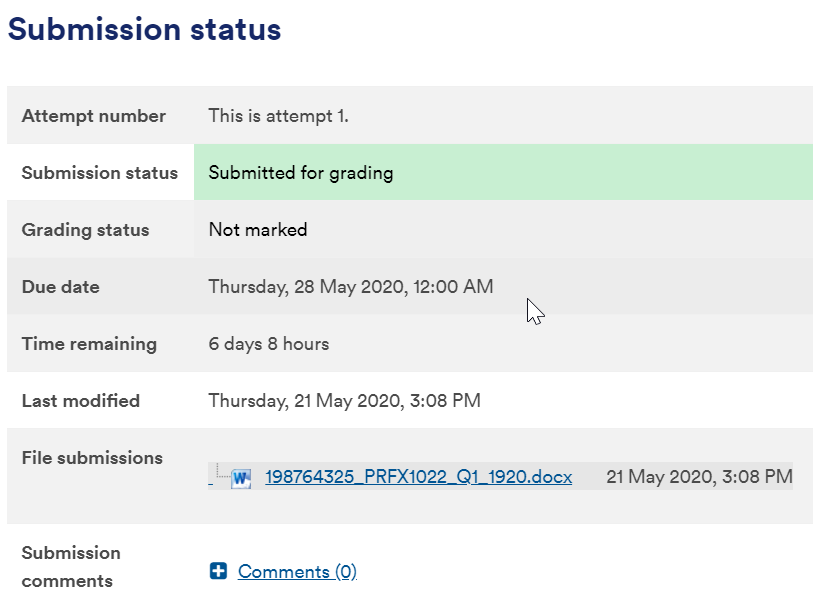 submission status screen showing attempt number, submission status, grading status, due date, time remaining and the files that have been submitted. 