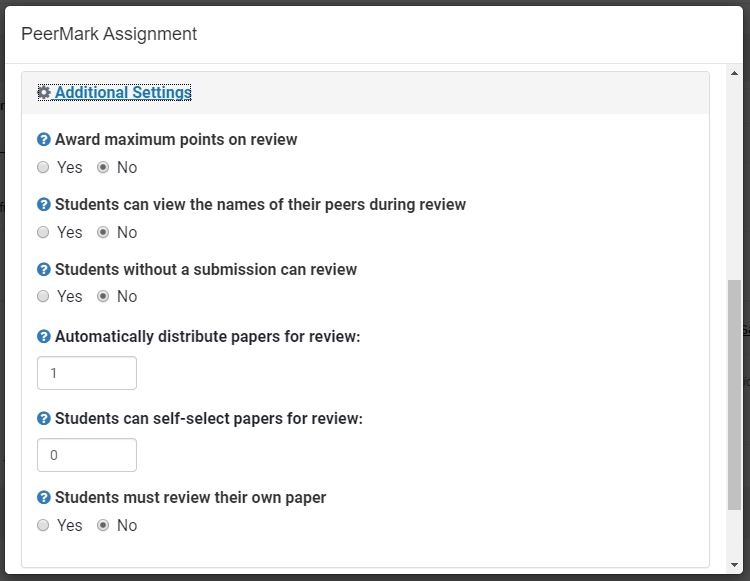 PeerMark Assignments additional settings