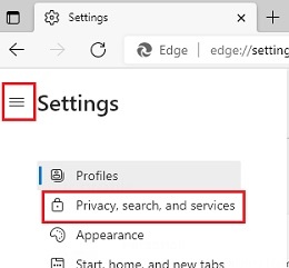 The hamburger menu showing the privacy, search and services menu.