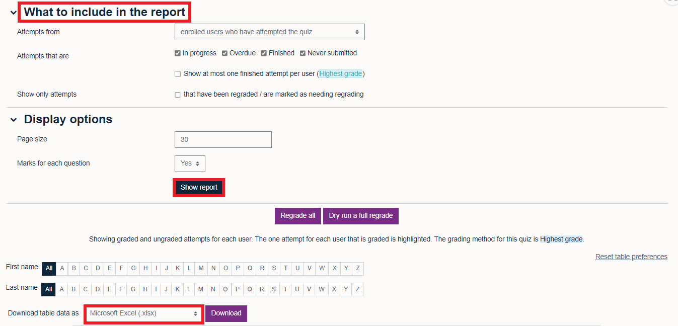 Quiz results options, showing 'Attempts from' field set to 'enrolled users who attempted the quiz', the 'Show report' button highlighted in a red square and 'Download table data as' drop down menu set to 'Microsoft Excel' followed by the 'Download' button.