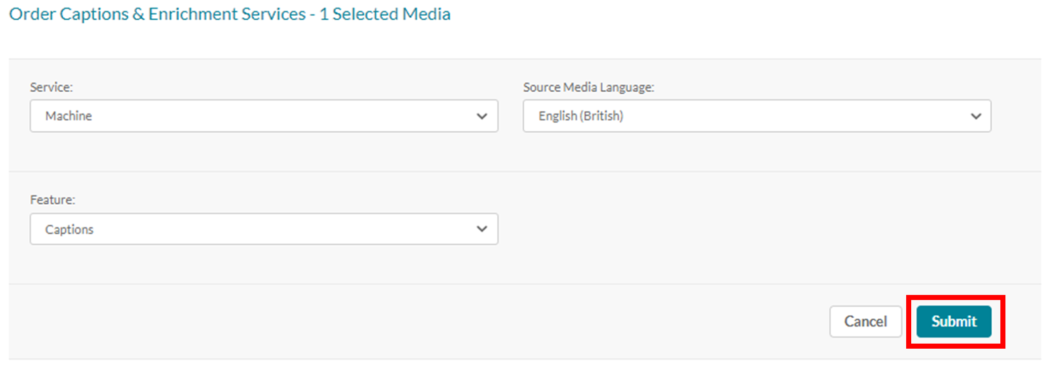 The order form with the option to set the language