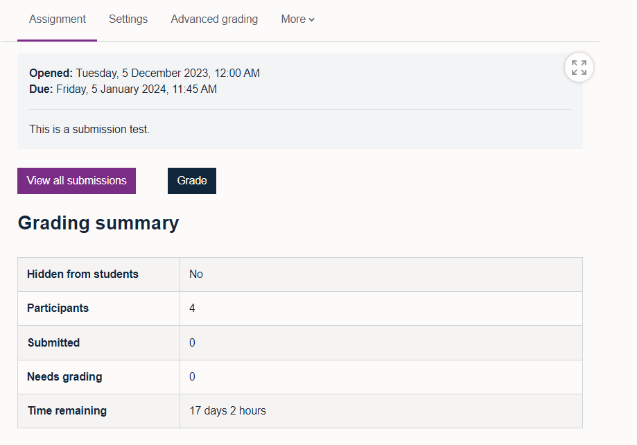 View all submissions button is located above the grading summary on a Moodle assignment