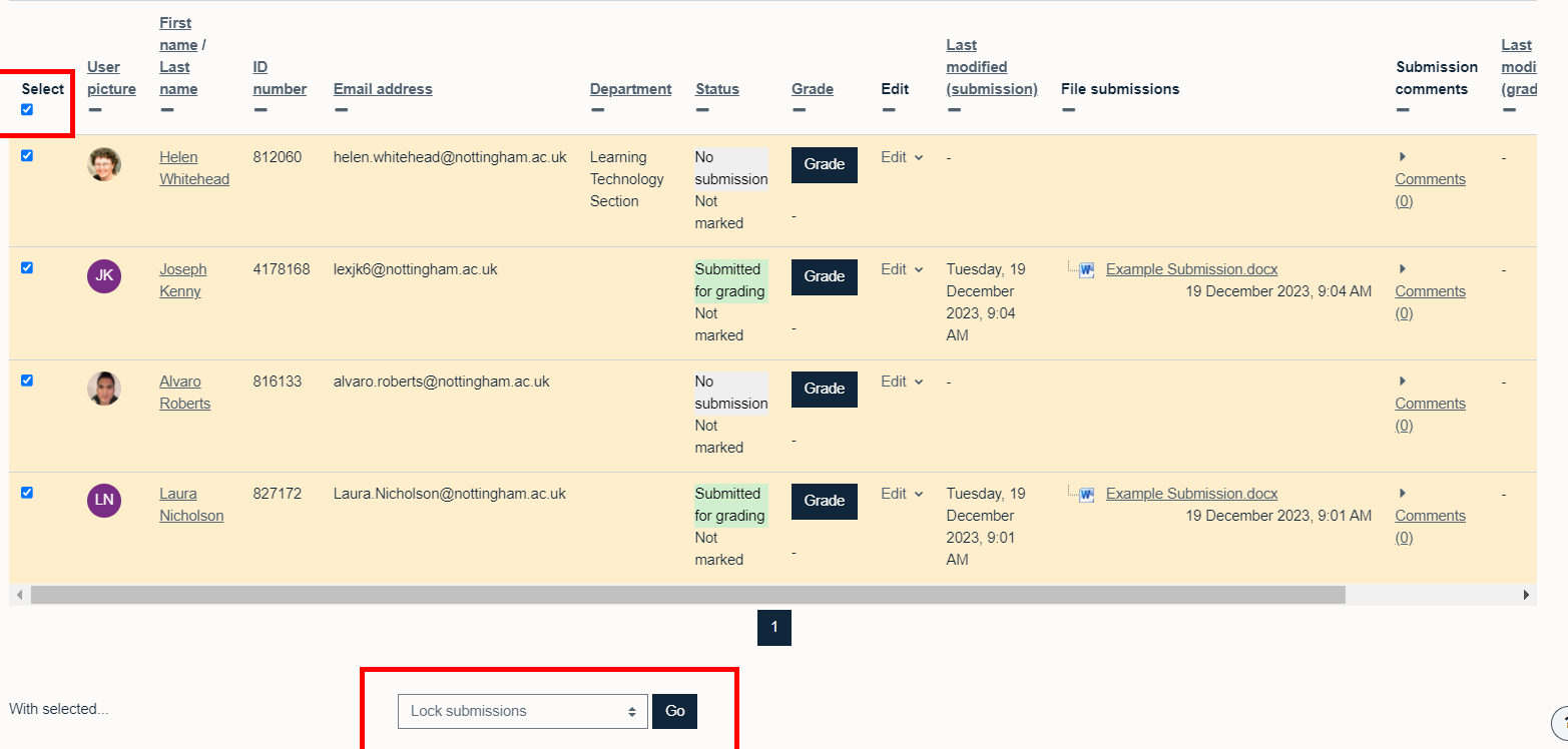 Lock all submissions by selecting all students and choosing 'lock submissions' and 'go'