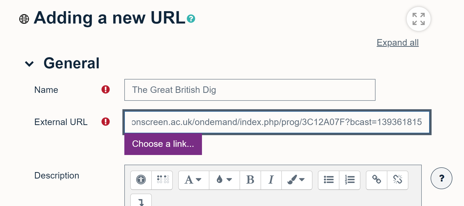 Editing the URL activity by adding a name and a link