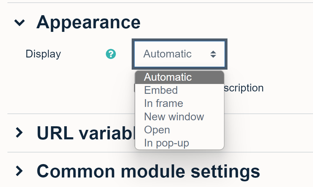 The dropdown menu for URL appearance showing various options, including automatic and new window