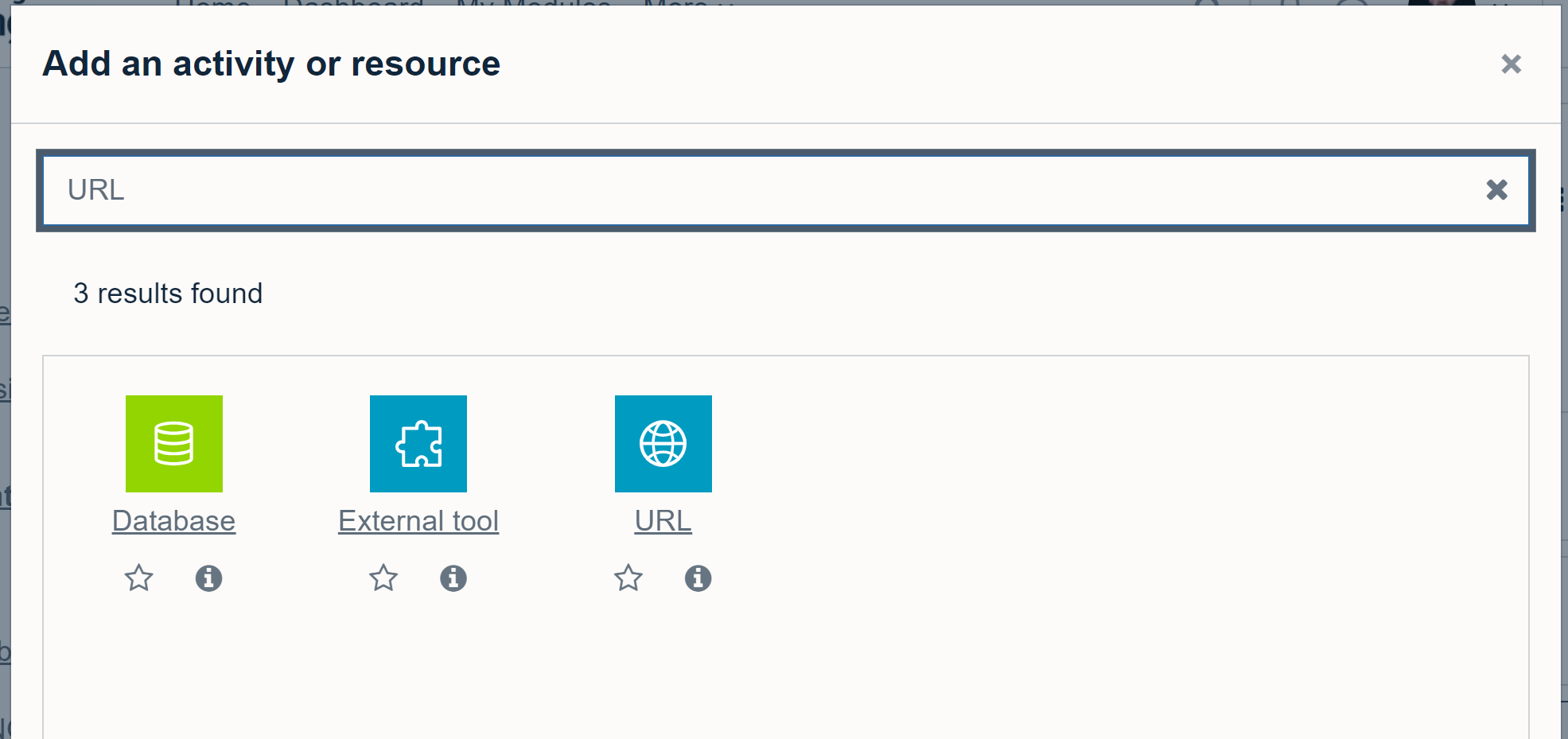 Showing search results for the term 'URL' in the Moodle Add Activity or Resource pop up window