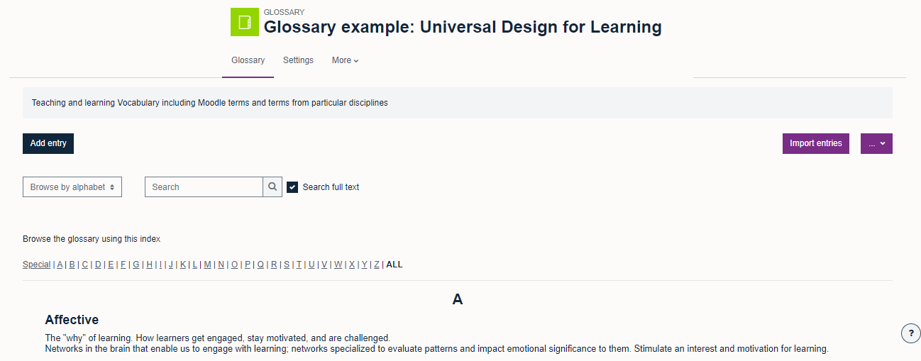 Image of a glossary and the add entry button to contribute to the glossary.