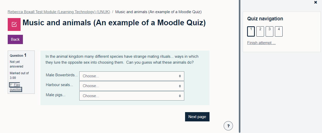 Screen shot of a question in a quiz, with navigation options