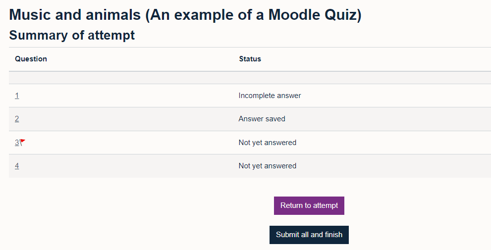 Summary of quiz attempt and buttons to return to attempt or submit attempt