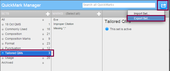 Exporting QuickMark set