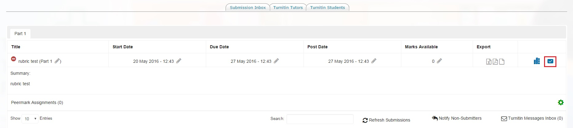 Students assignment in Turnitin with tickbox icon highlighted