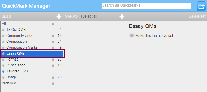 Newly imported QuickMark set in Sets column